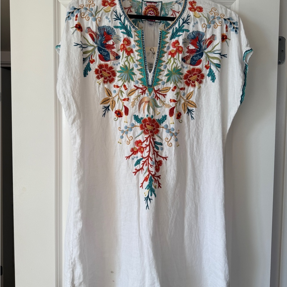 Johnny Was White Linen Dress with Multicolor Embroidery